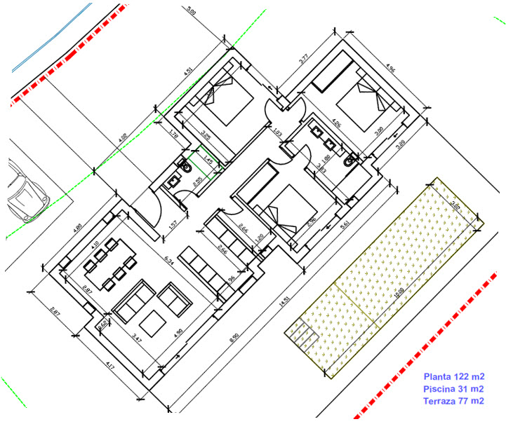 Plan d'architecte détaillé de la villa de 122 m2, présentant la distribution des trois chambres, du salon-salle à manger et de la piscine extérieure de 10x3 mètres.