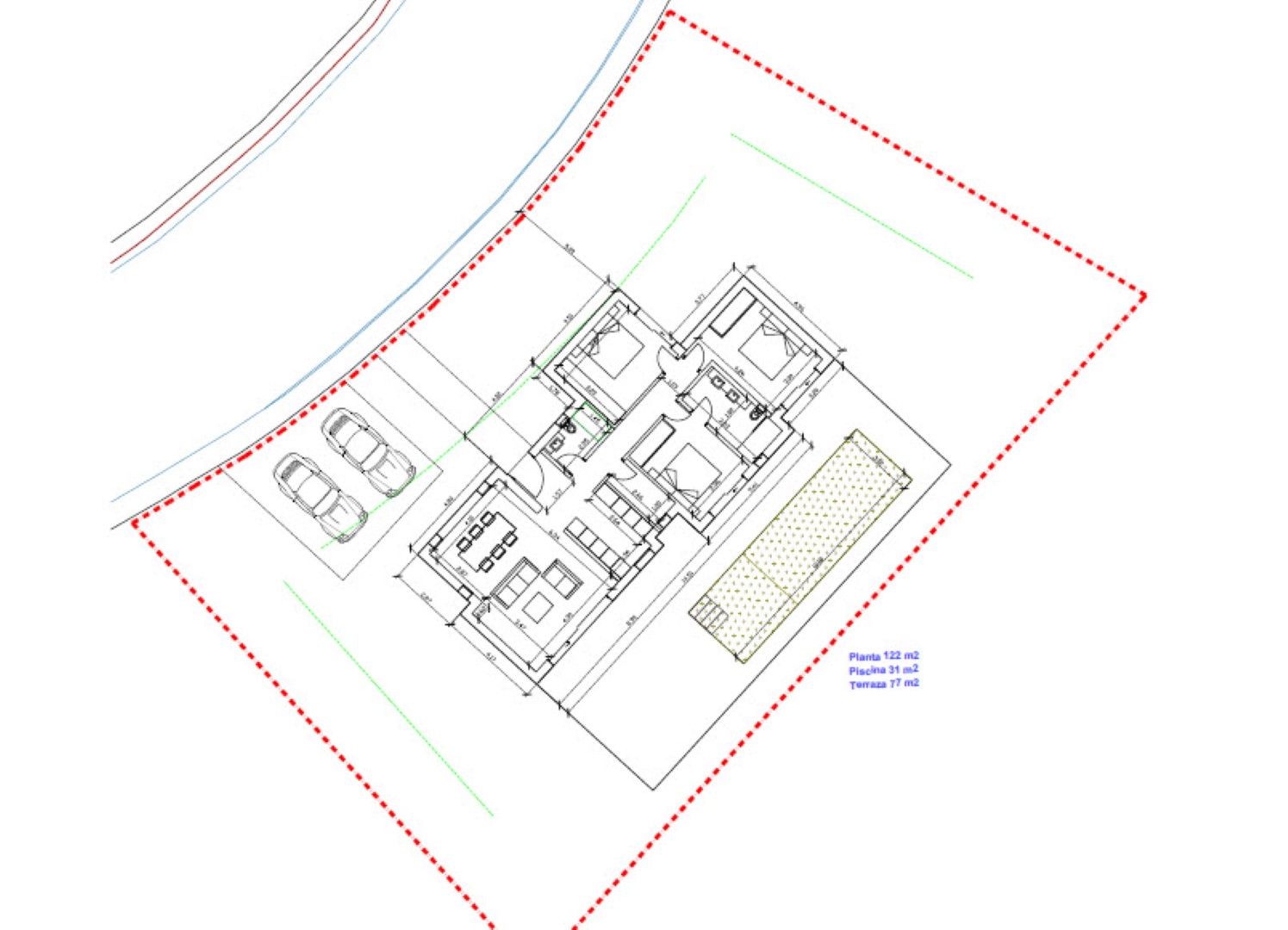 Plan d'architecte détaillé illustrant la distribution de plain-pied, comprenant trois chambres, un espace de vie ouvert, la terrasse et la piscine.