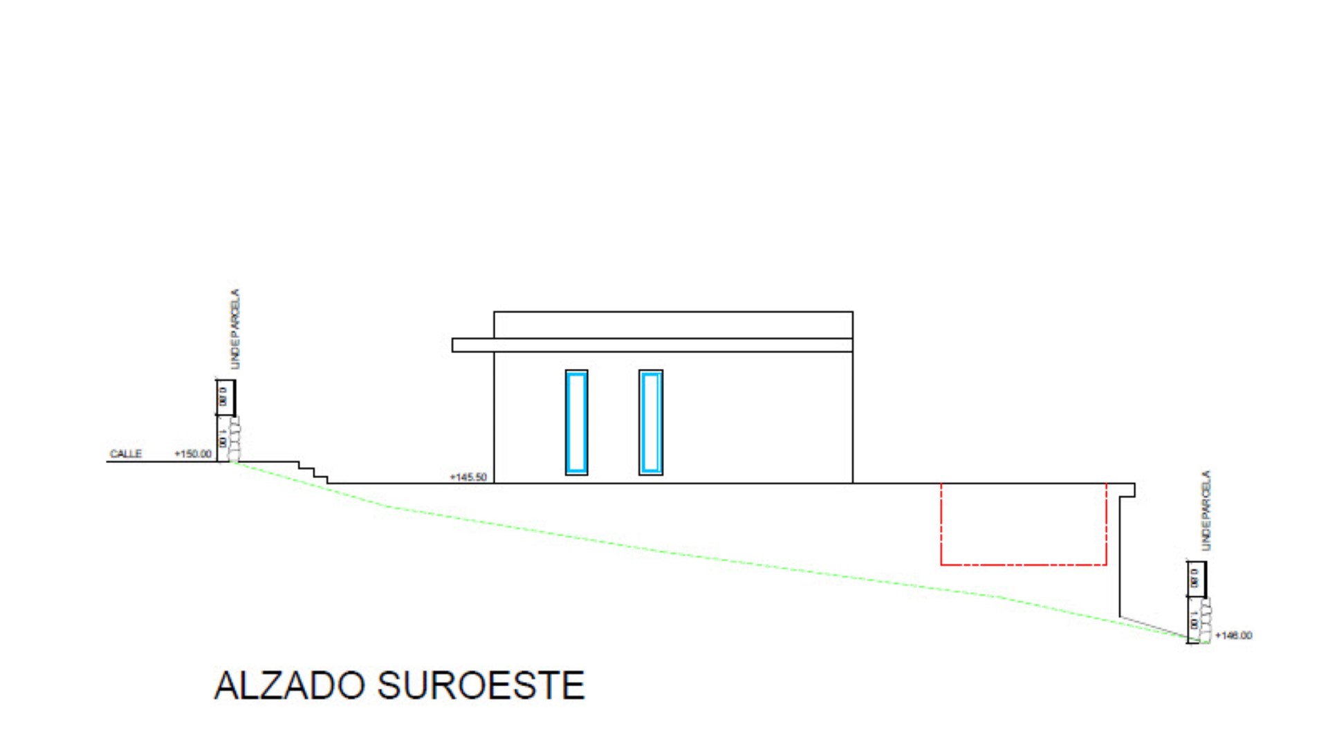 Plan technique de l'élévation sud-ouest détaillant le profil architectural de la villa, la pente du terrain et l'emplacement de la piscine.