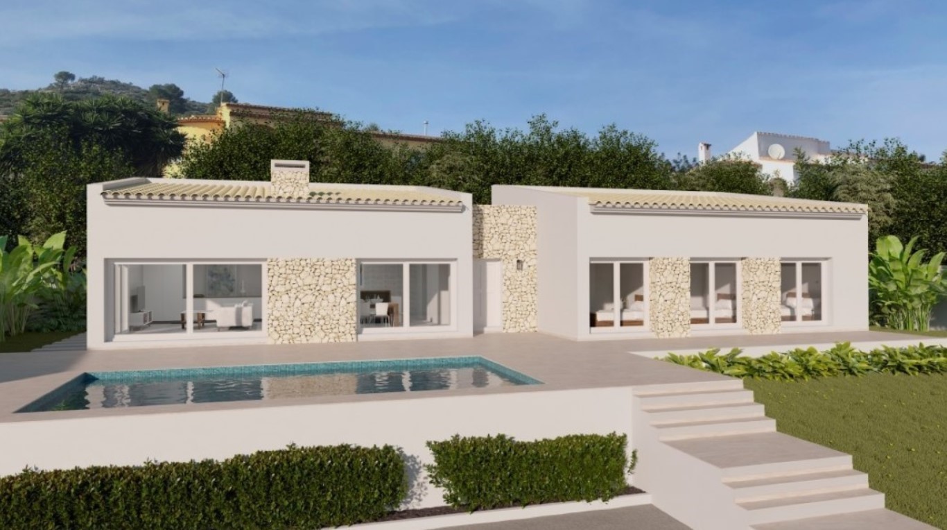 Façade de villa moderne de plain-pied avec parements en pierre naturelle, piscine rectangulaire et grande terrasse donnant sur un jardin méditerranéen.