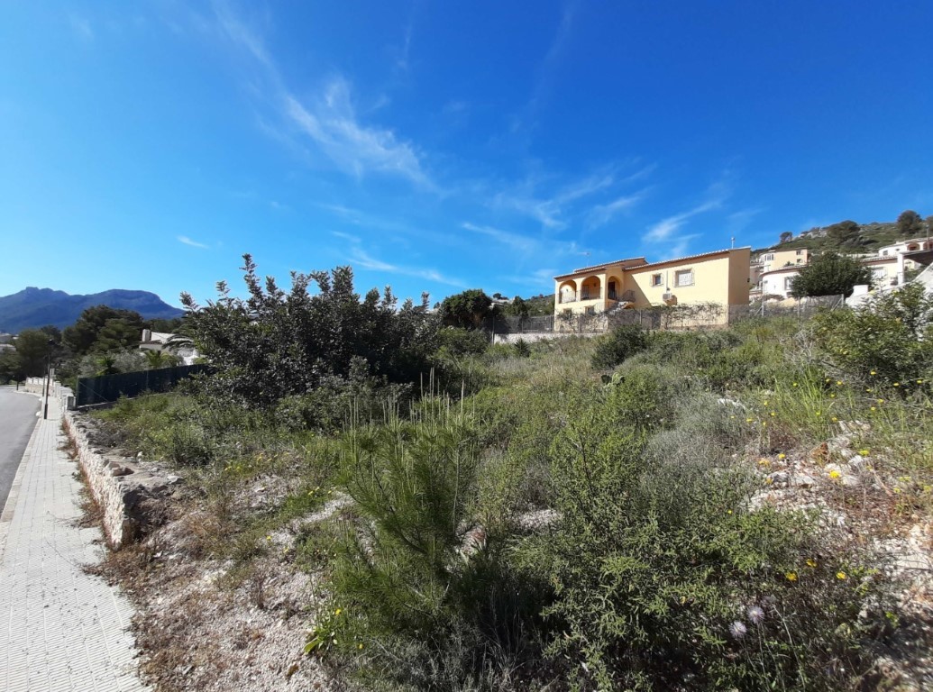 Terrain avec végétation méditerranéenne et vue sur les montagnes, situé à côté d'un trottoir pavé dans un quartier calme d'Alcalalí.