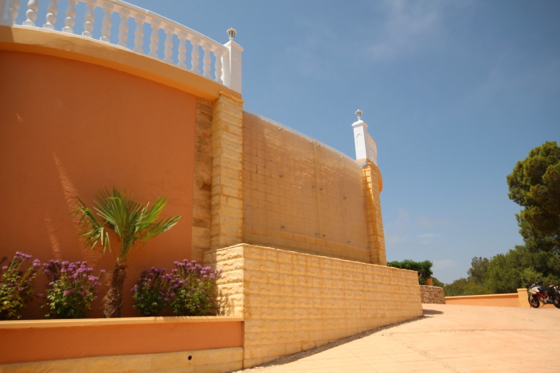 Vue extérieure montrant un mur en pierre naturelle avec écran en verre, balustrades blanches et jardinière paysagère agrémentée d'un palmier.