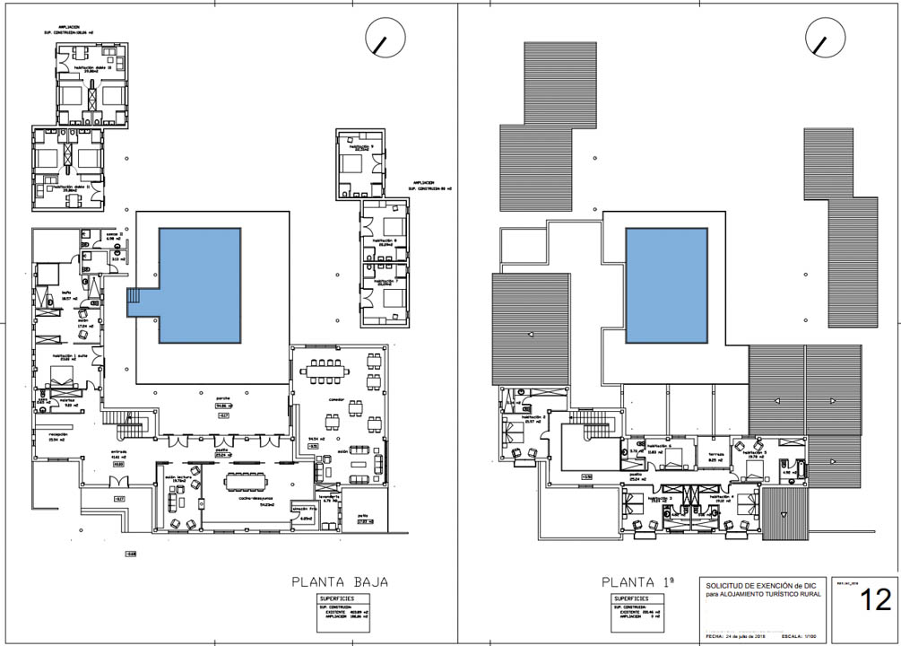 Plans d'architecte du rez-de-chaussée et du premier étage, détaillant la distribution des suites, des espaces de vie et de la piscine centrale pour l'hôtel rural.