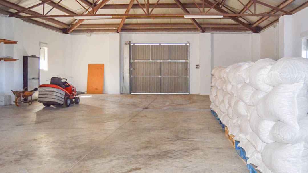 Vaste entrepôt industriel avec charpente métallique, sol en béton et grande porte coulissante, parfait pour le stockage du matériel agricole et des récoltes.