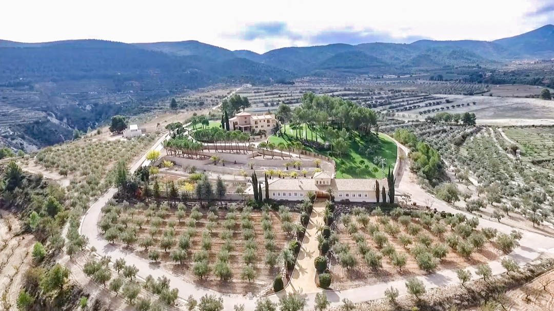 Vue aérienne du domaine révélant la villa principale et ses bâtiments annexes, entourés d'oliveraies en terrasses au cœur d'un paysage montagneux préservé.