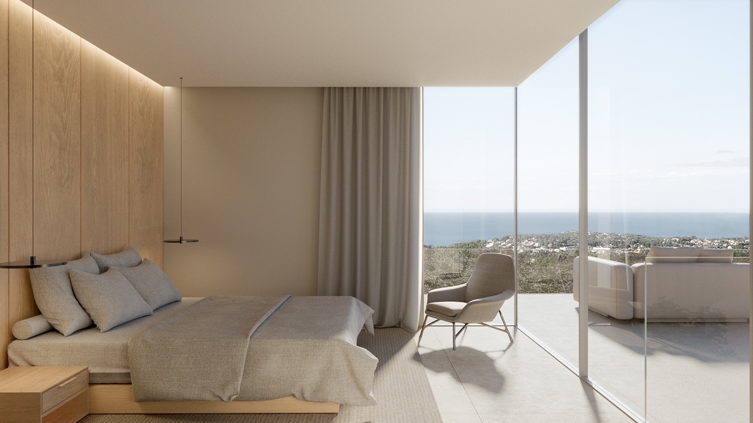 Chambre minimaliste avec boiseries murales, éclairage LED intégré et larges baies vitrées offrant une vue imprenable sur la mer et l'accès à la terrasse.