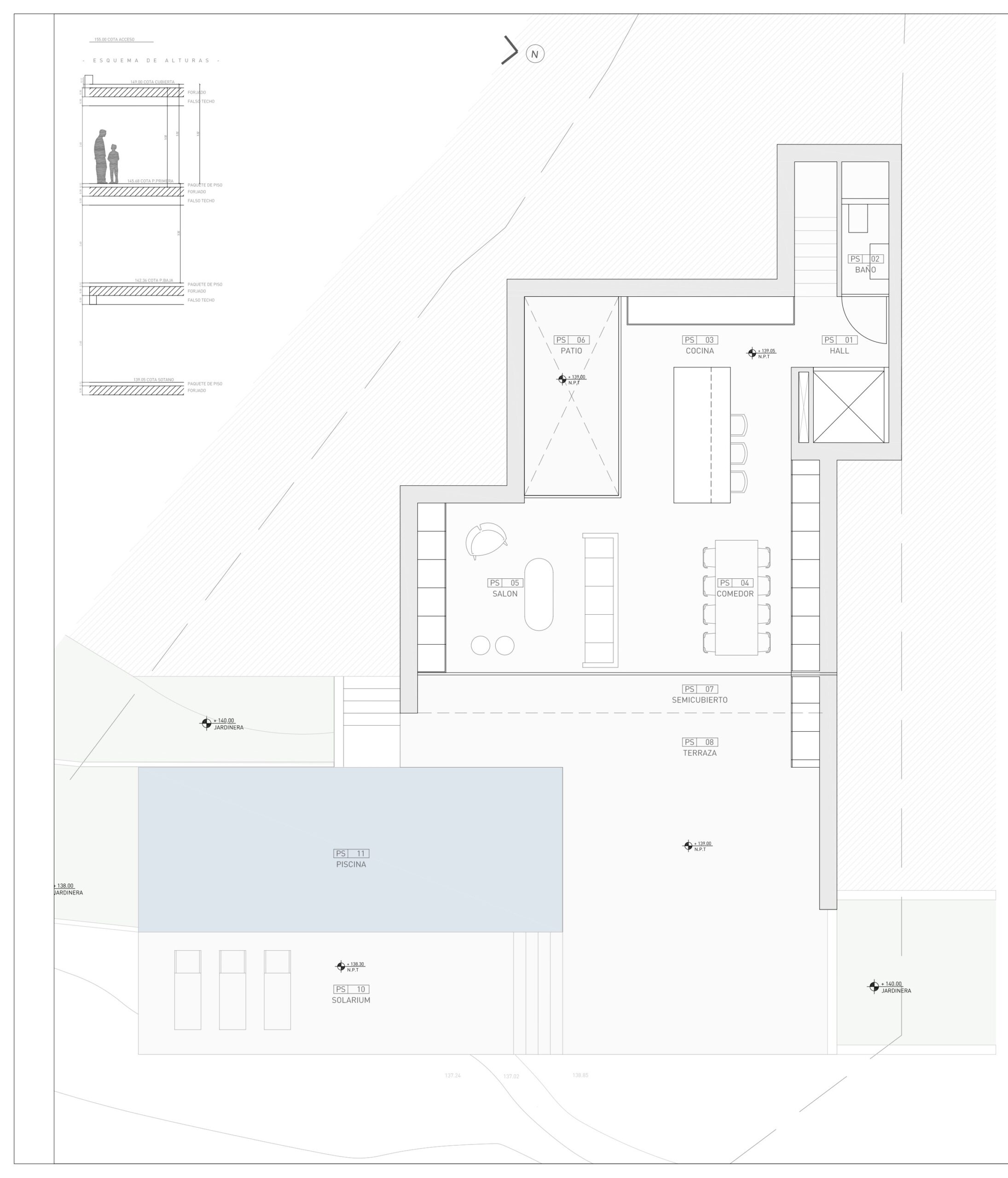 Plan architectural du rez-de-chaussée illustrant le salon, la cuisine avec îlot, le patio intérieur et la terrasse spacieuse avec piscine et solarium.