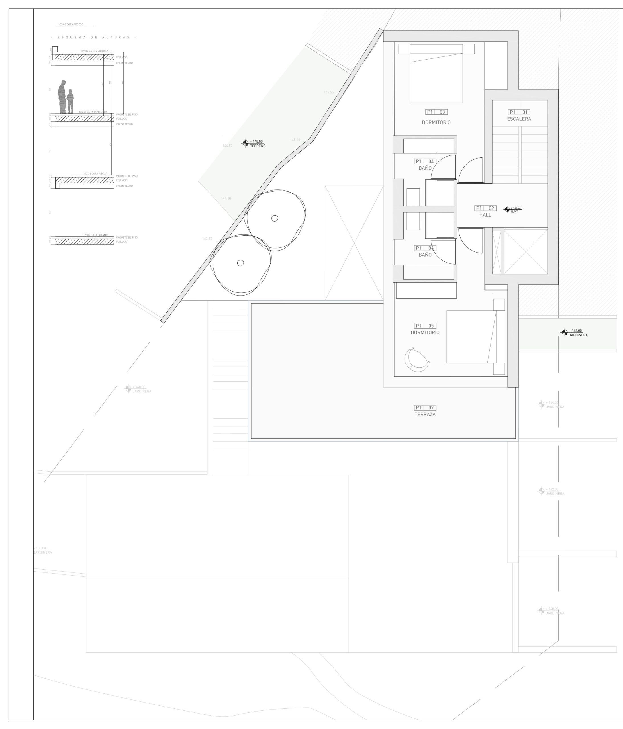 Plan d'architecte détaillé du premier étage comprenant deux chambres avec salles de bains attenantes, un hall et une vaste terrasse.
