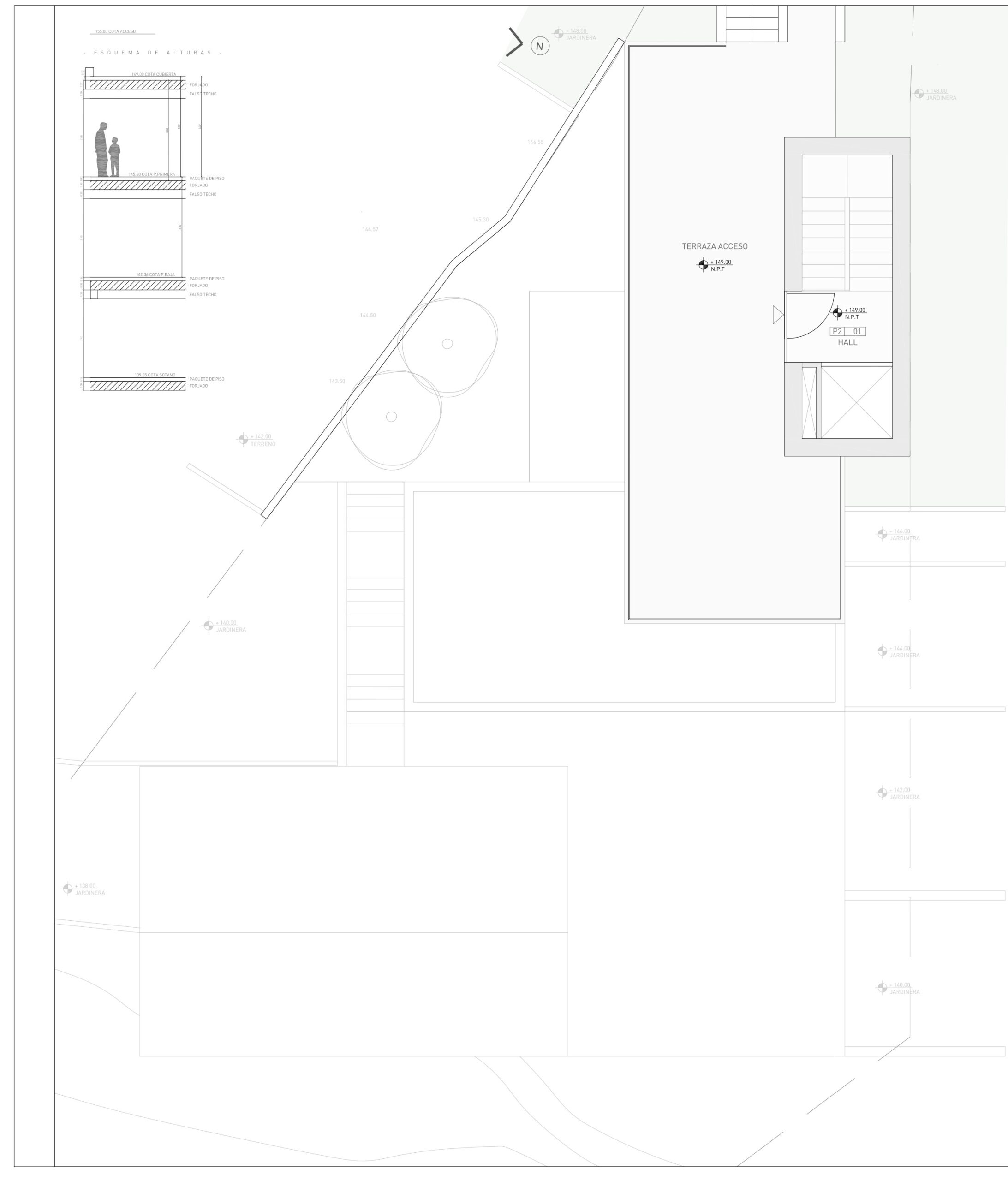 Plan technique architectural détaillant la terrasse d'accès, le hall d'entrée et le schéma des hauteurs des quatre niveaux de la villa.