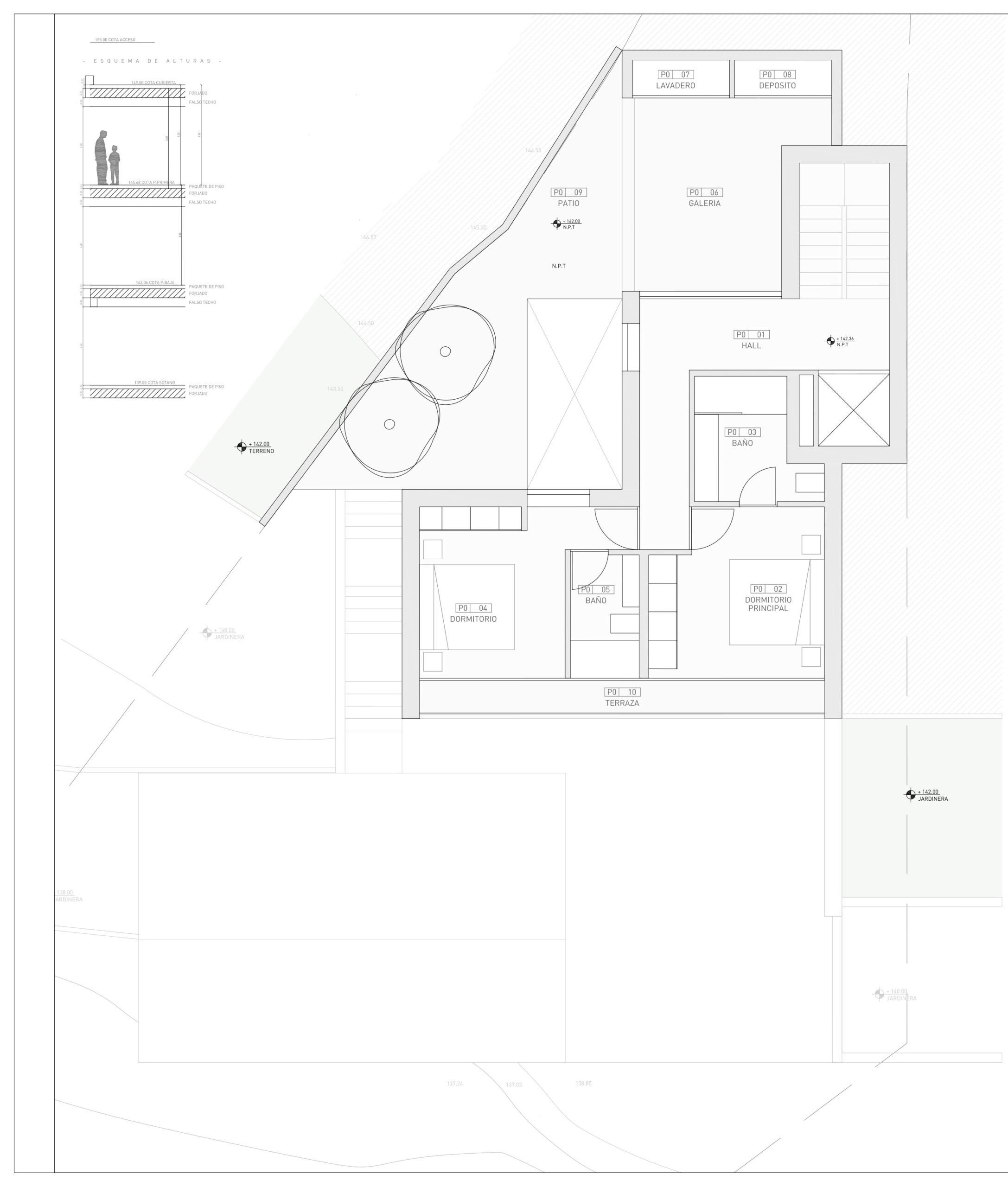 Plan technique du rez-de-chaussée détaillant la disposition de deux chambres avec salles de bains privatives, une buanderie et un patio extérieur.