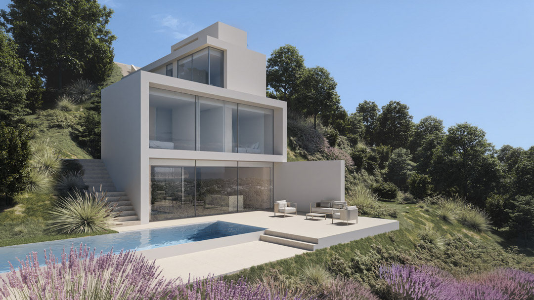Vue extérieure de la villa moderne aux lignes épurées, avec grandes baies vitrées, piscine rectangulaire et terrasse aménagée nichée dans un paysage méditerranéen.