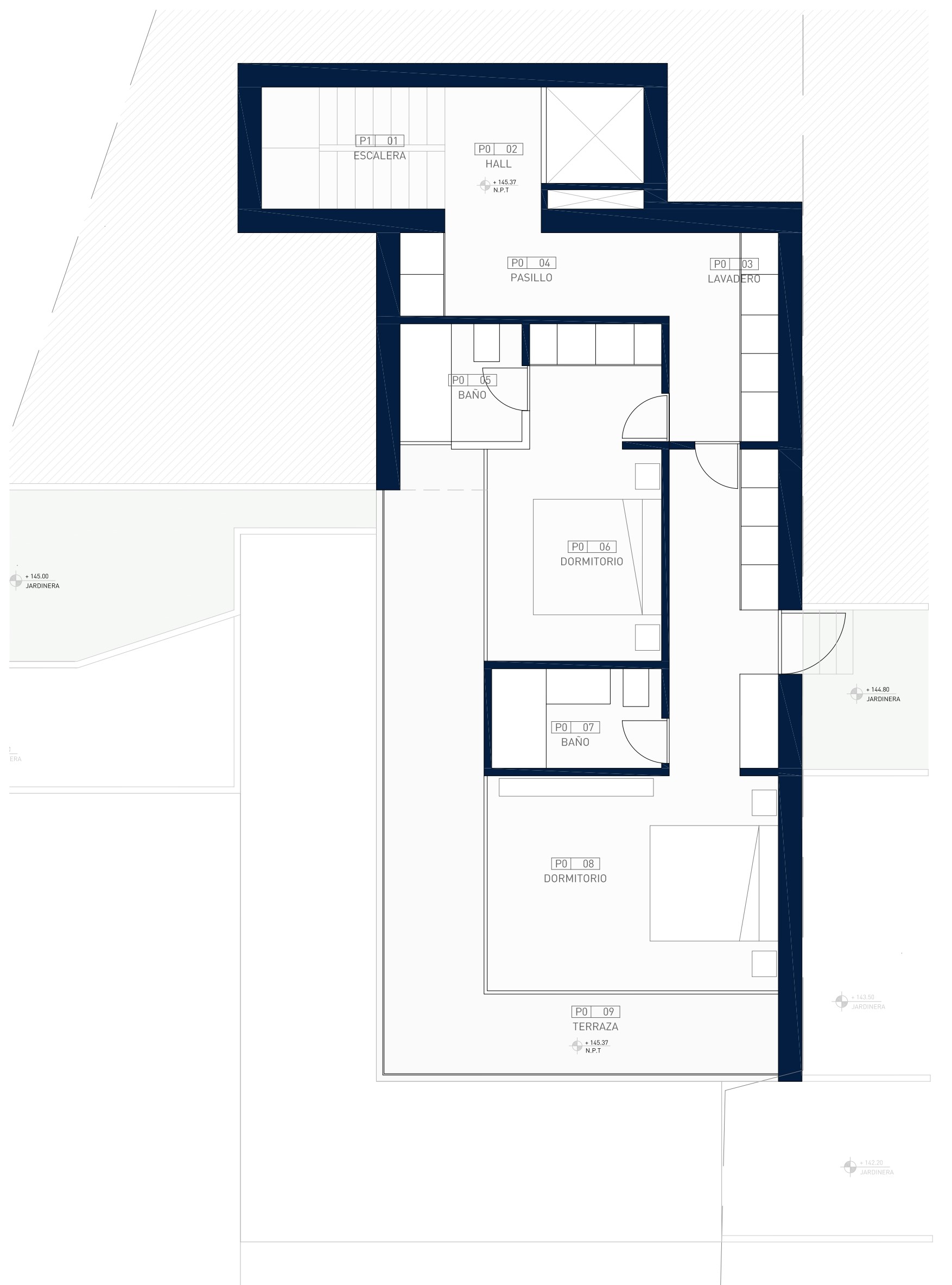 Plan d'architecte du niveau P0 illustrant deux chambres avec salles de bains attenantes, une buanderie et une grande terrasse extérieure.