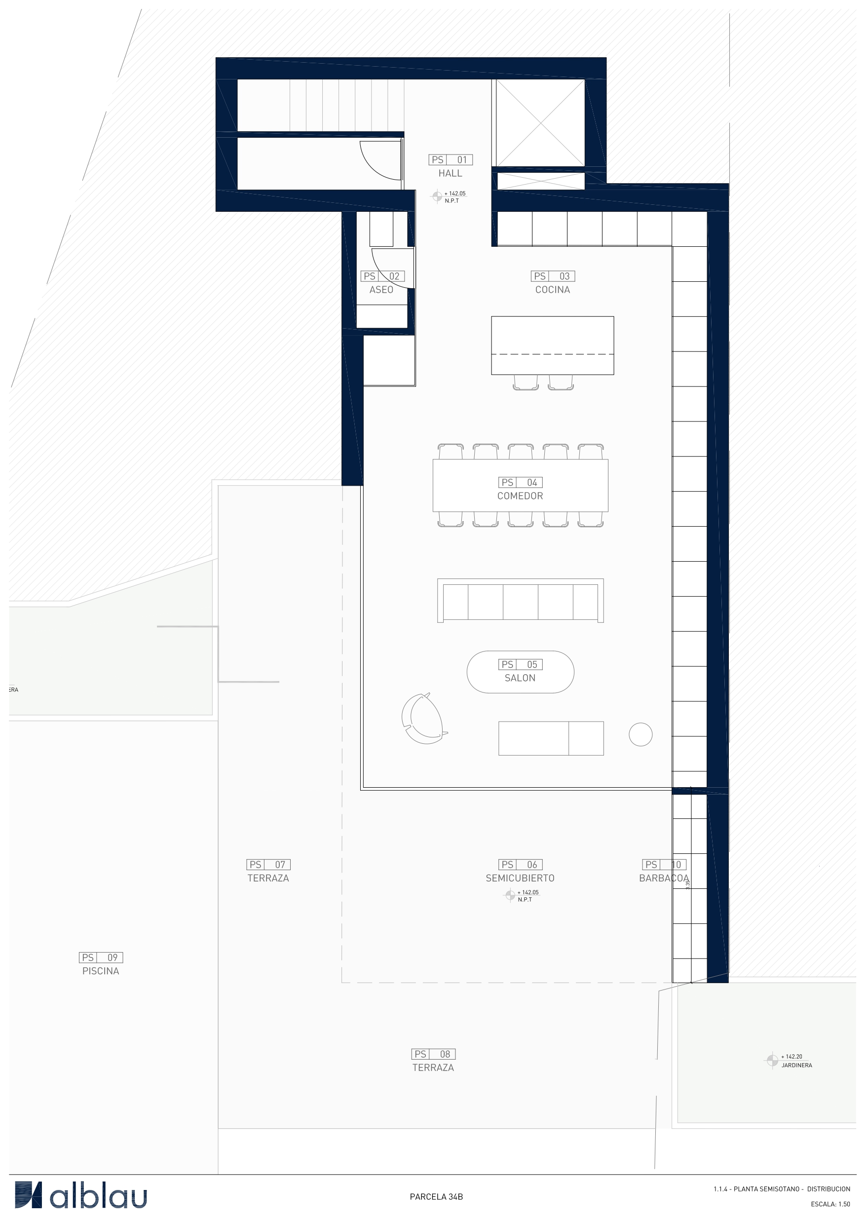 Plan d'architecte du rez-de-chaussée montrant la cuisine ouverte avec îlot, le salon-salle à manger et la terrasse spacieuse avec piscine et barbecue.