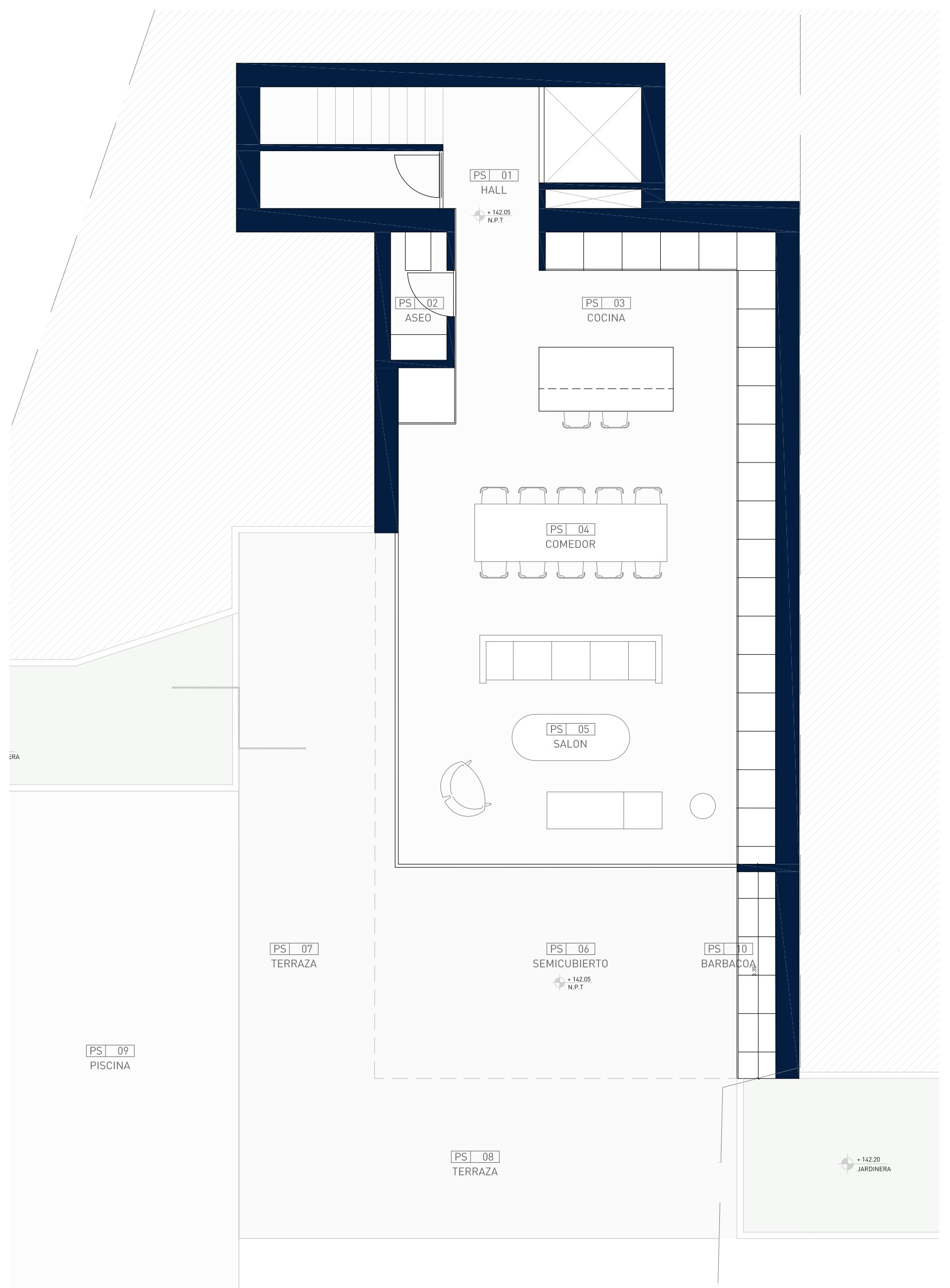Plan d'architecte du rez-de-chaussée montrant l'espace de vie ouvert avec cuisine, salle à manger et salon, s'ouvrant sur une grande terrasse avec piscine et coin barbecue.