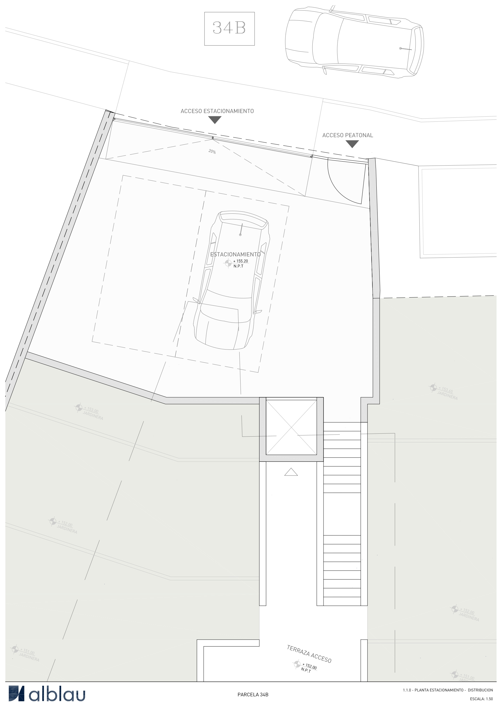 Plan technique du niveau de stationnement illustrant le double emplacement pour voitures, l'accès piéton ainsi que la cage d'ascenseur et l'escalier vers la villa.