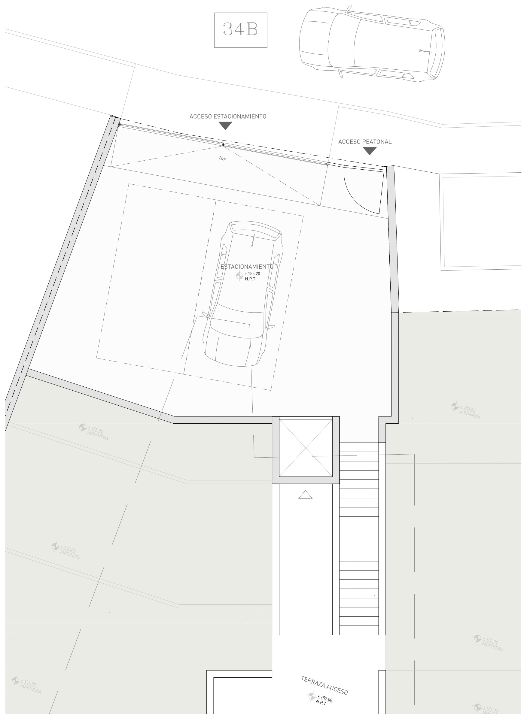 Plan technique du niveau rue illustrant le double stationnement, les accès piétons et véhicules, ainsi que l'escalier et l'ascenseur menant à la terrasse d'entrée.