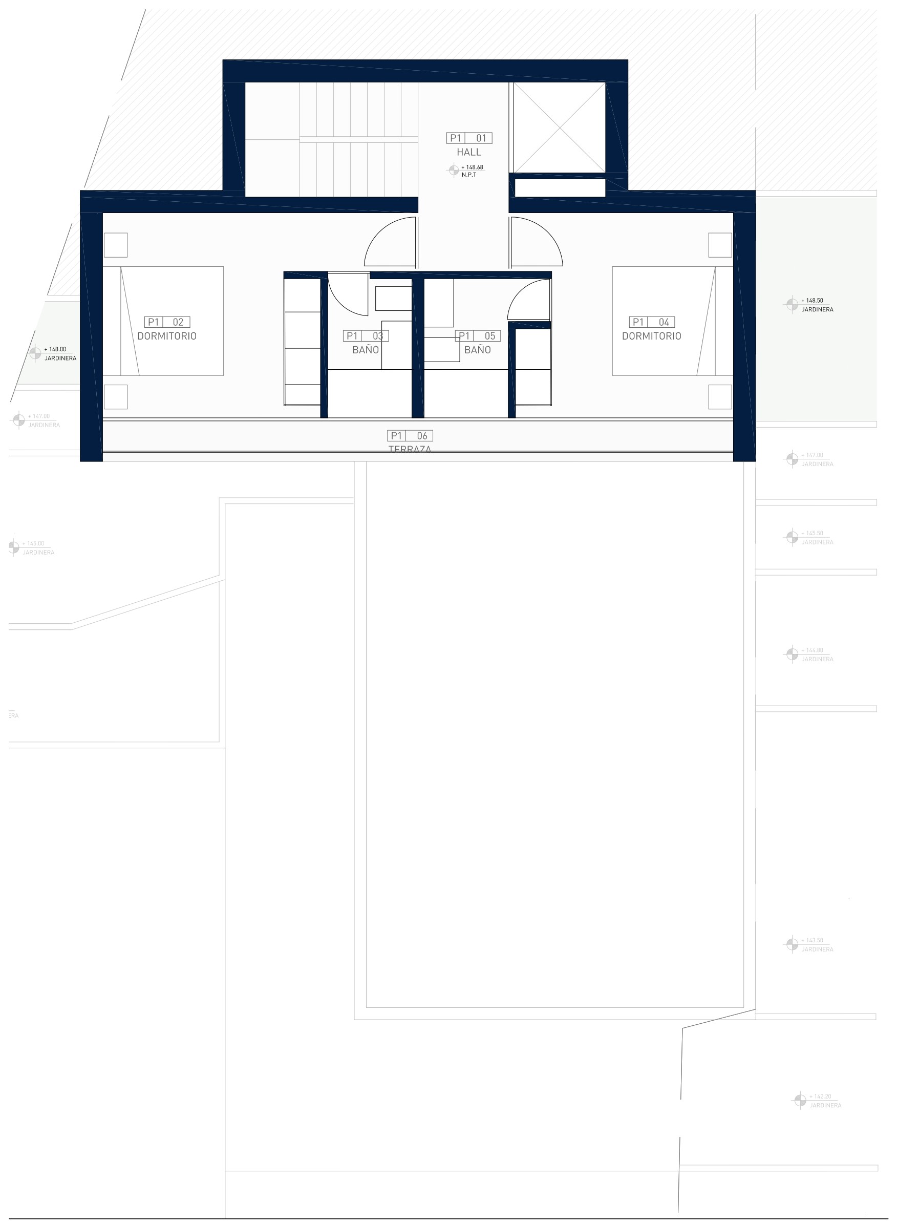 Plan technique du premier étage illustrant deux chambres doubles avec salles de bains attenantes et terrasse commune, reliées par un hall central avec ascenseur et escalier.