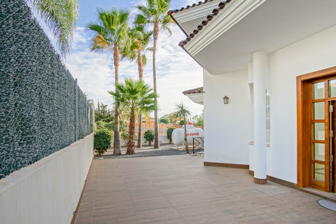 Vue extérieure montrant une terrasse carrelée, une façade blanche avec colonne, une porte d'entrée en bois et un jardin orné de grands palmiers.