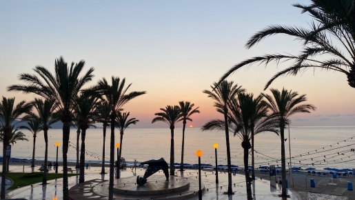Vues panoramiques du lever du soleil sur la promenade côtière, avec des palmiers matures, un éclairage d'ambiance et une sculpture centrale face à la mer.