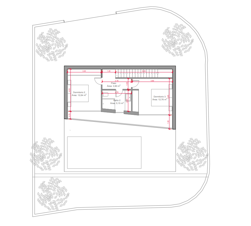 Plan d'étage du niveau supérieur montrant deux chambres doubles, une salle de bain commune et la disposition des escaliers au-dessus de la zone de piscine.