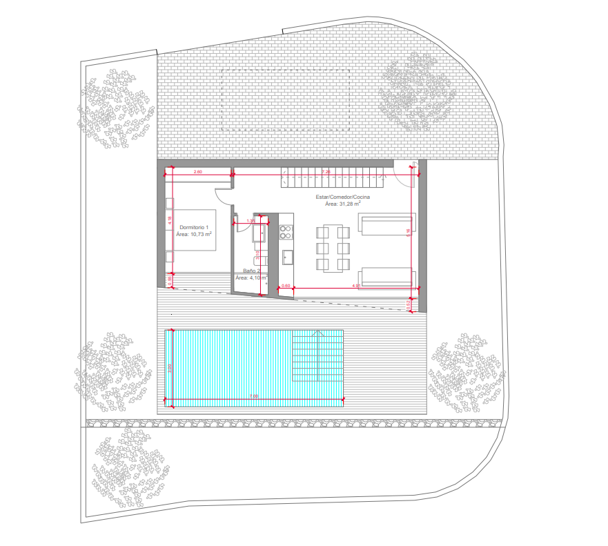 Plan détaillé du rez-de-chaussée comprenant un séjour-cuisine ouvert de 31 m², une chambre, une salle de bain et l'espace extérieur avec piscine et terrasse.