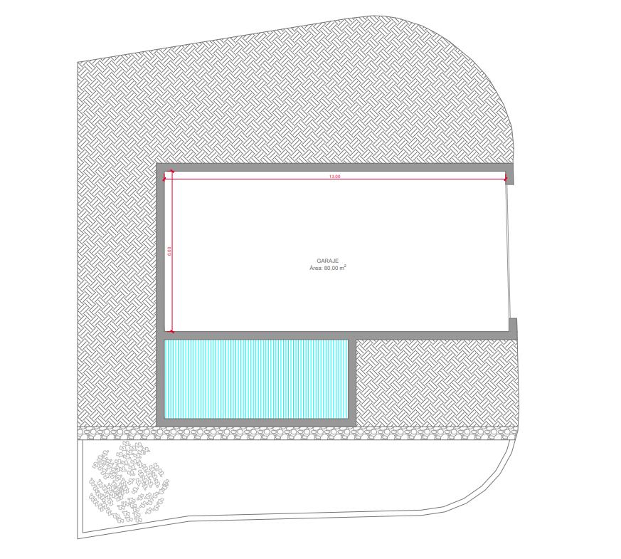 Plan technique du sous-sol illustrant un garage spacieux de 80 m² (13m x 6m) situé à côté de l'espace piscine de la villa.
