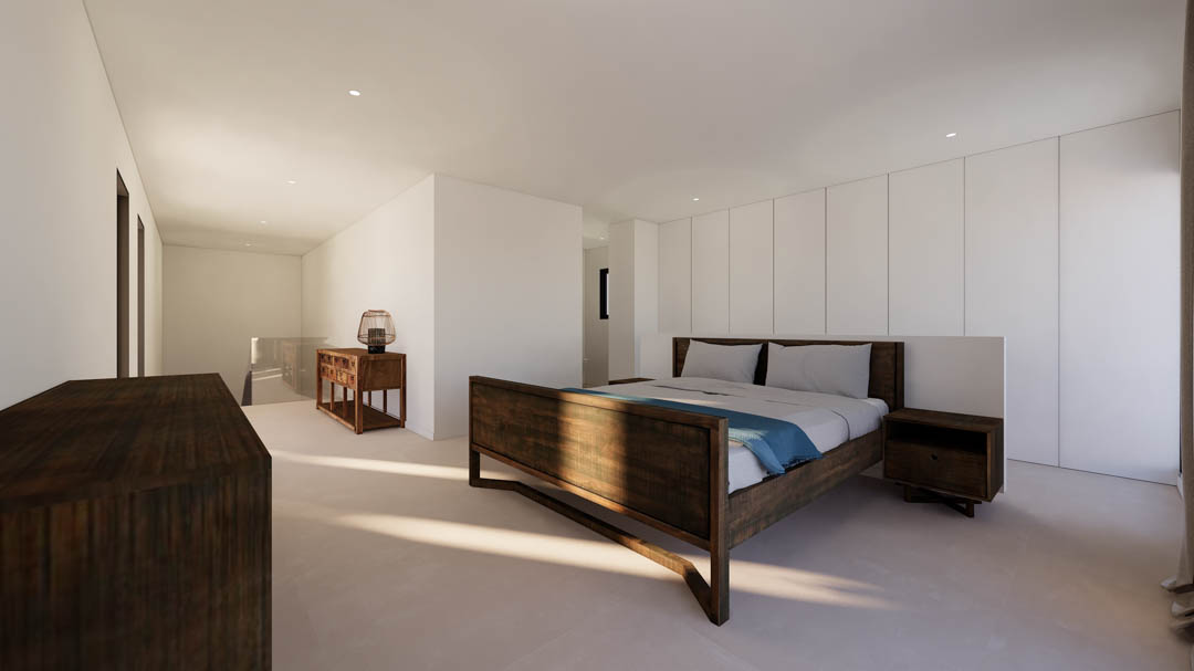 Chambre minimaliste avec cadre de lit en bois sombre, placards intégrés blancs du sol au plafond et éclairage encastré sur sol clair.