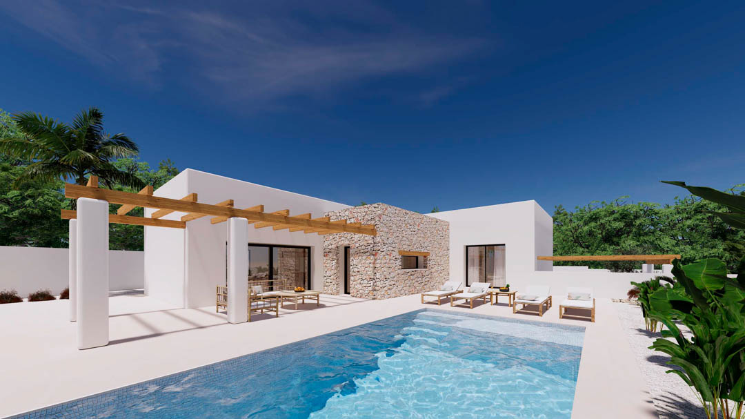 Extérieur de la villa avec piscine privée, terrasse ensoleillée et pergola en bois. La façade marie des murs en pierre naturelle et des finitions blanches de style Ibiza.