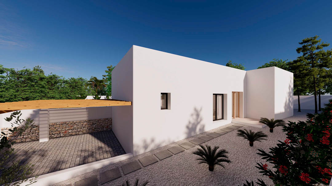 Façade minimaliste de style Ibiza avec murs blancs, pergola en bois pour le stationnement et jardin méditerranéen en gravier agrémenté d'un chemin de dalles.