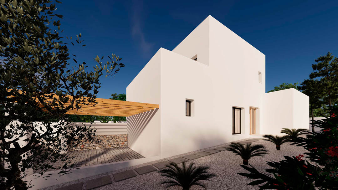 Façade minimaliste de style ibizien aux volumes blancs, avec pergola en bois naturel et jardin méditerranéen composé de gravier et de palmiers.