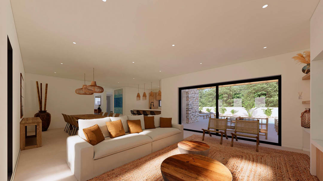 Salon spacieux à aire ouverte avec un décor aux tons terre, éclairage encastré et grandes baies vitrées coulissantes ouvrant sur la terrasse.