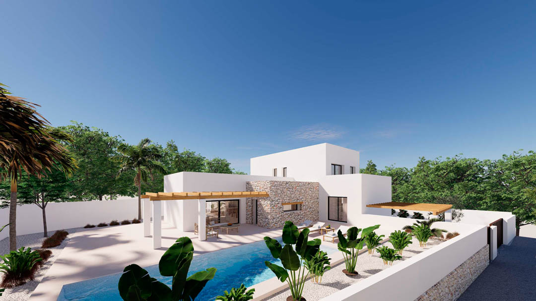 Vue extérieure de la villa avec façades blanches, accents en pierre naturelle, piscine rectangulaire et terrasses ombragées par des pergolas en bois.