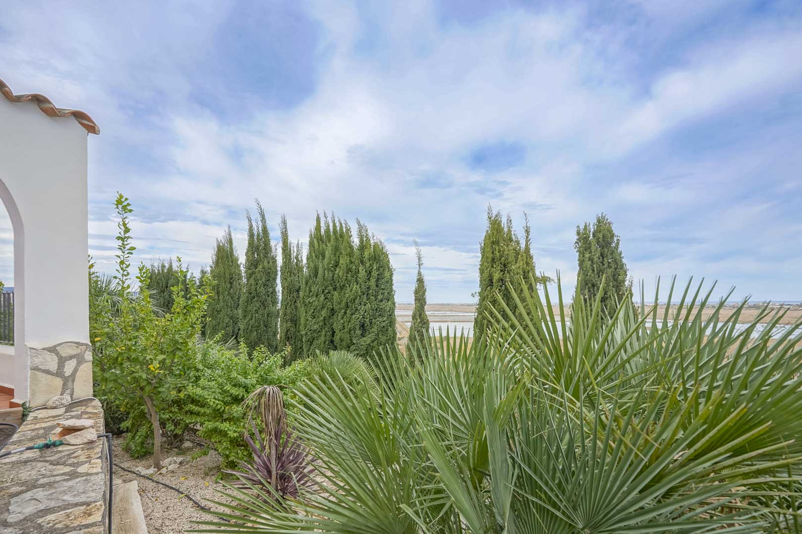 Vue du jardin avec cyprès et palmiers, depuis la terrasse de la villa à Monte Pego.