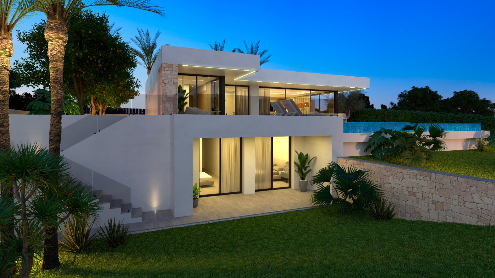 Vue extérieure de la villa avec jardin, piscine et accès à la terrasse supérieure.