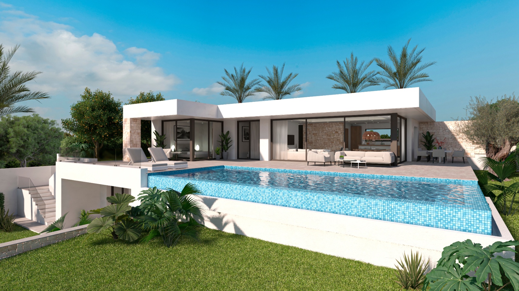 Vue extérieure de la villa avec piscine en mosaïque bleue et façade moderne avec détails en pierre.