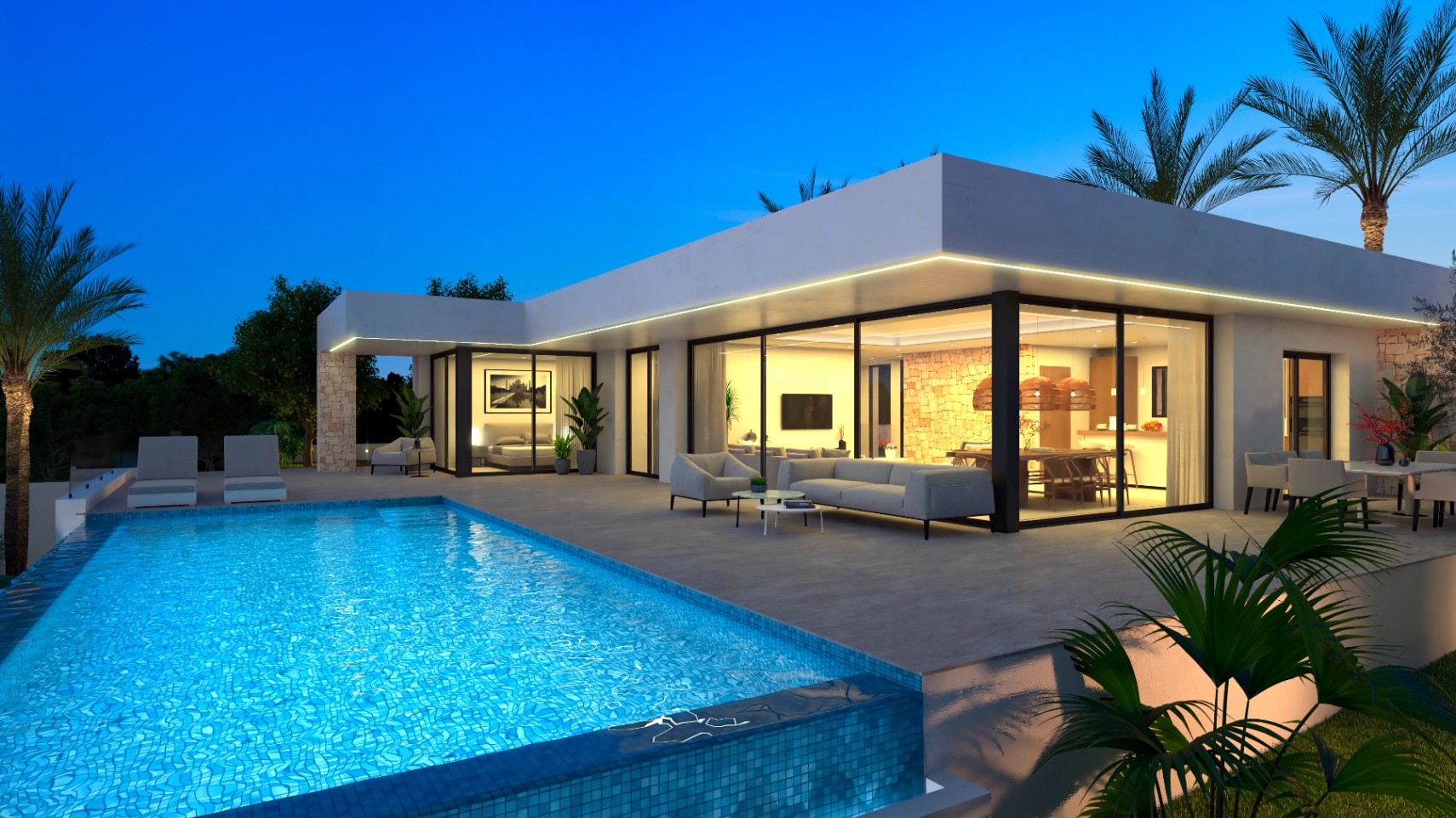 Vue nocturne de la villa avec piscine en mosaïque bleue et terrasse avec mobilier moderne.