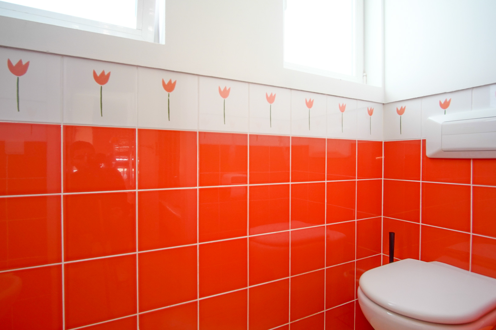 Cette salle d'eau se distingue par ses carreaux orange vif et sa frise décorative aux motifs de tulipes. Elle dispose d'un WC suspendu et d'un éclairage naturel.