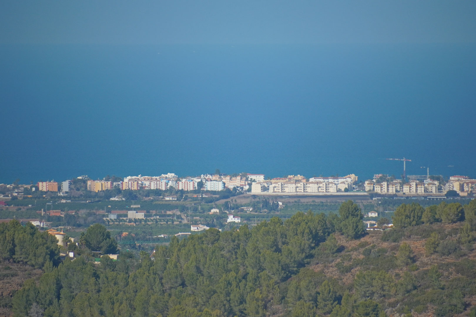 Vues panoramiques de la propriété sur la côte méditerranéenne, soulignant le contraste entre la forêt de pins et l'azur de la mer à l'horizon.