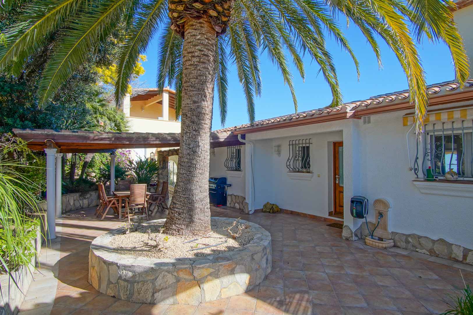 Terrasse extérieure avec carrelage en terre cuite, un palmier central dans une jardinière en pierre et un espace dînatoire ombragé sous une pergola en bois.