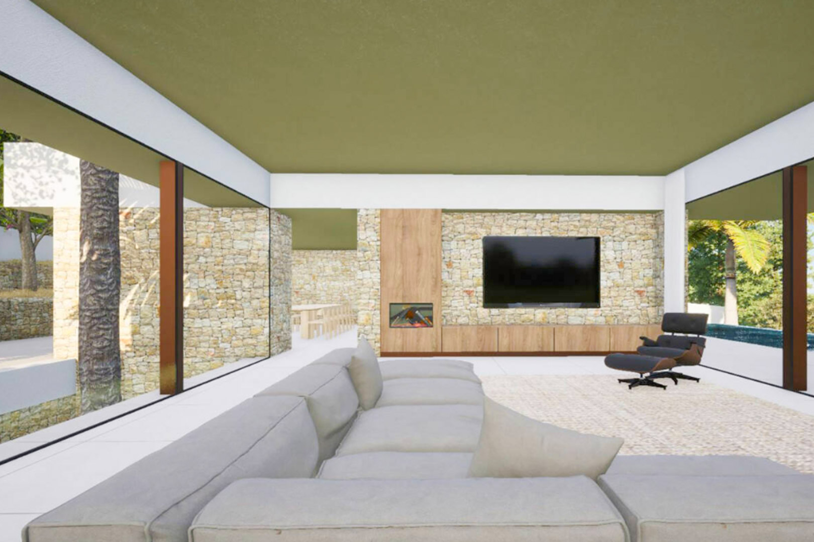 Salon contemporain avec mur en pierre naturelle, cheminée intégrée, mobilier design et grandes baies vitrées offrant une vue sur le jardin méditerranéen.