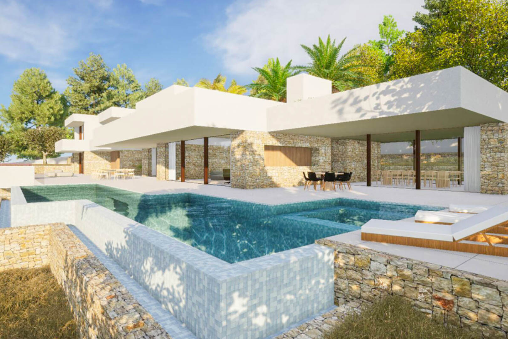 Vue extérieure avec piscine à débordement en mosaïque, murs en pierre naturelle et architecture de style ibizenc entourée de pins et de palmiers.