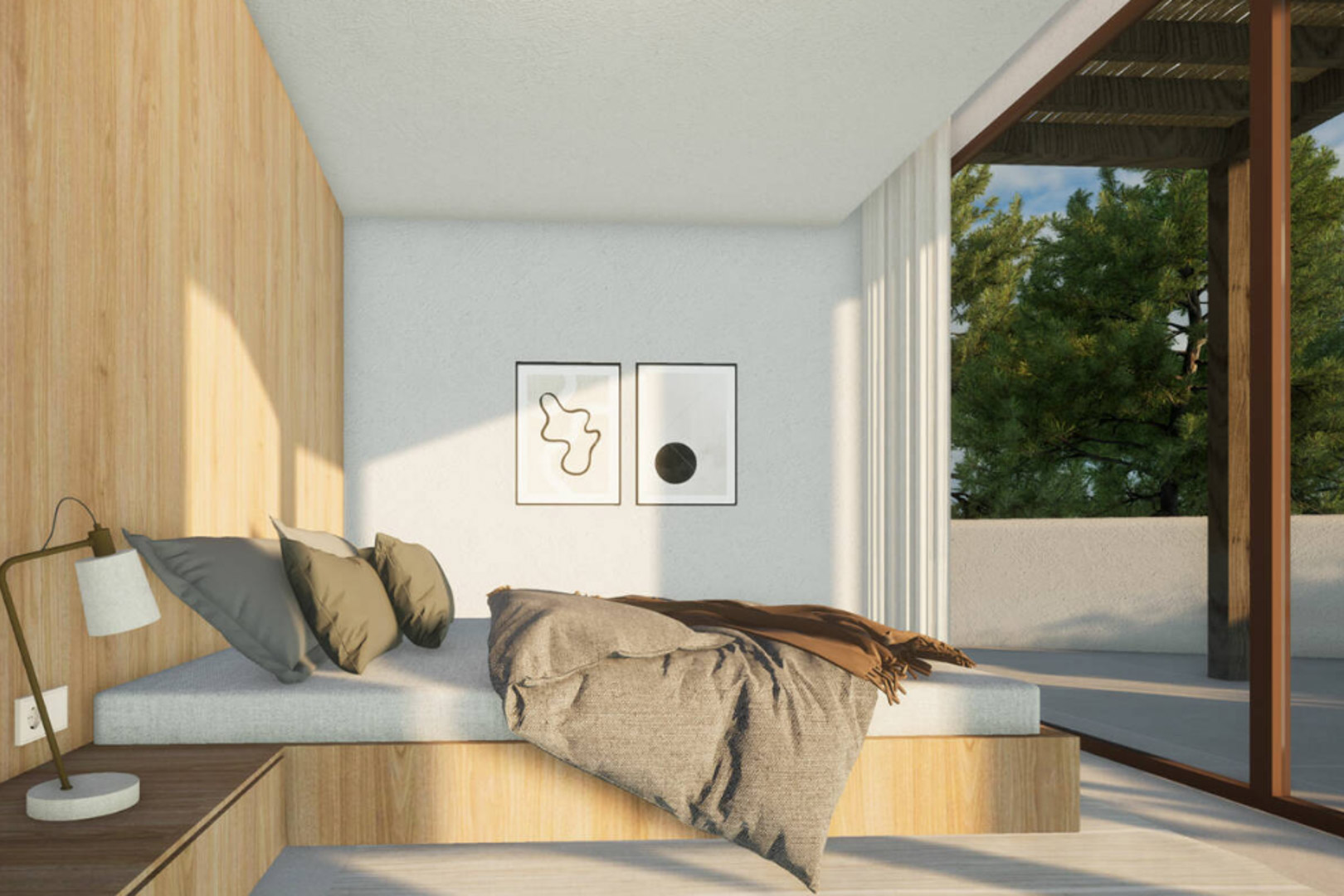 Chambre lumineuse avec mur en bois clair, literie grise et art moderne au mur.