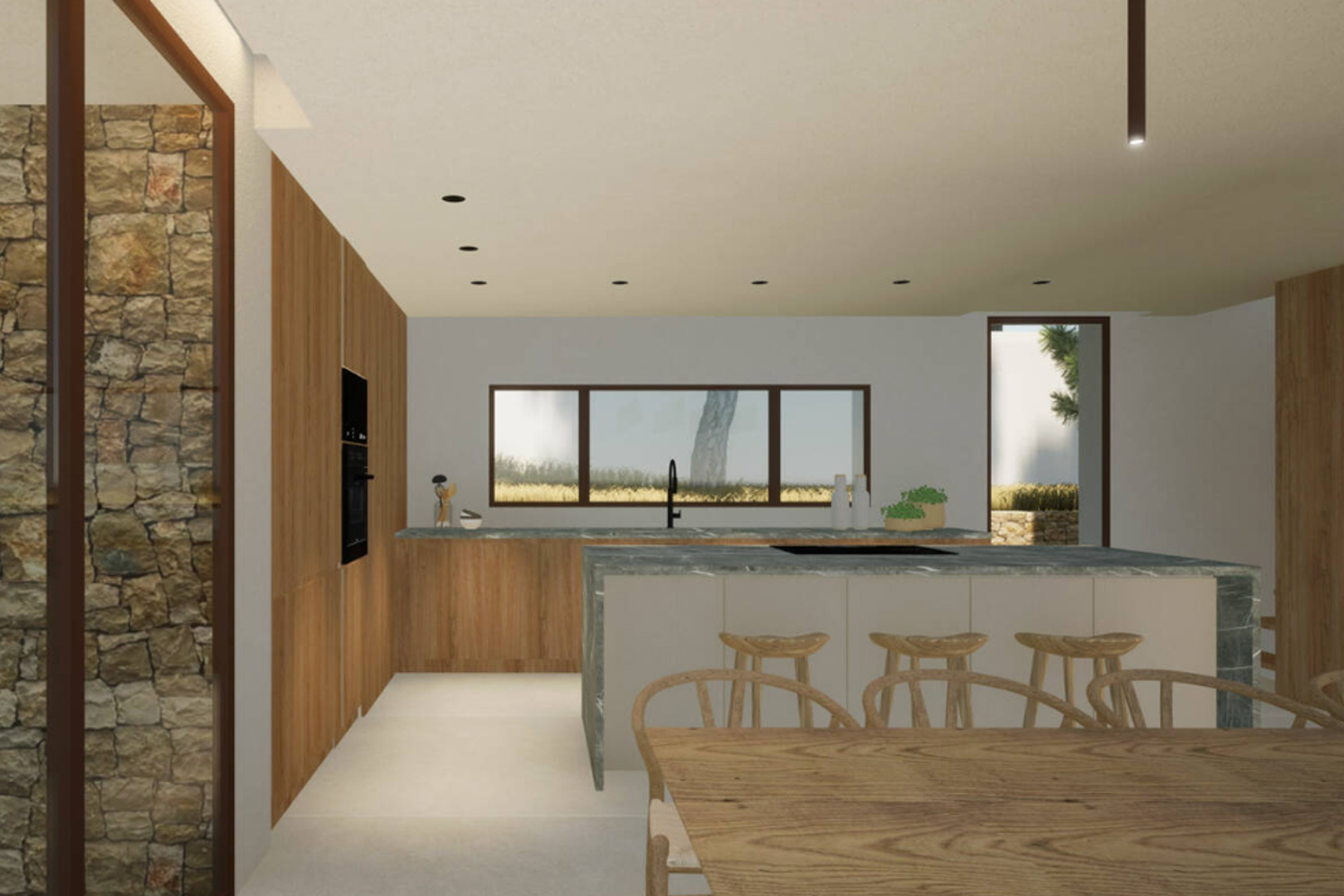 Cuisine moderne avec îlot central, tabourets en bois et comptoir en pierre.