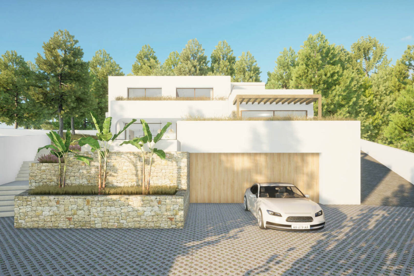 Vue extérieure de la villa avec façade blanche, garage en bois et jardin en pierre avec verdure.