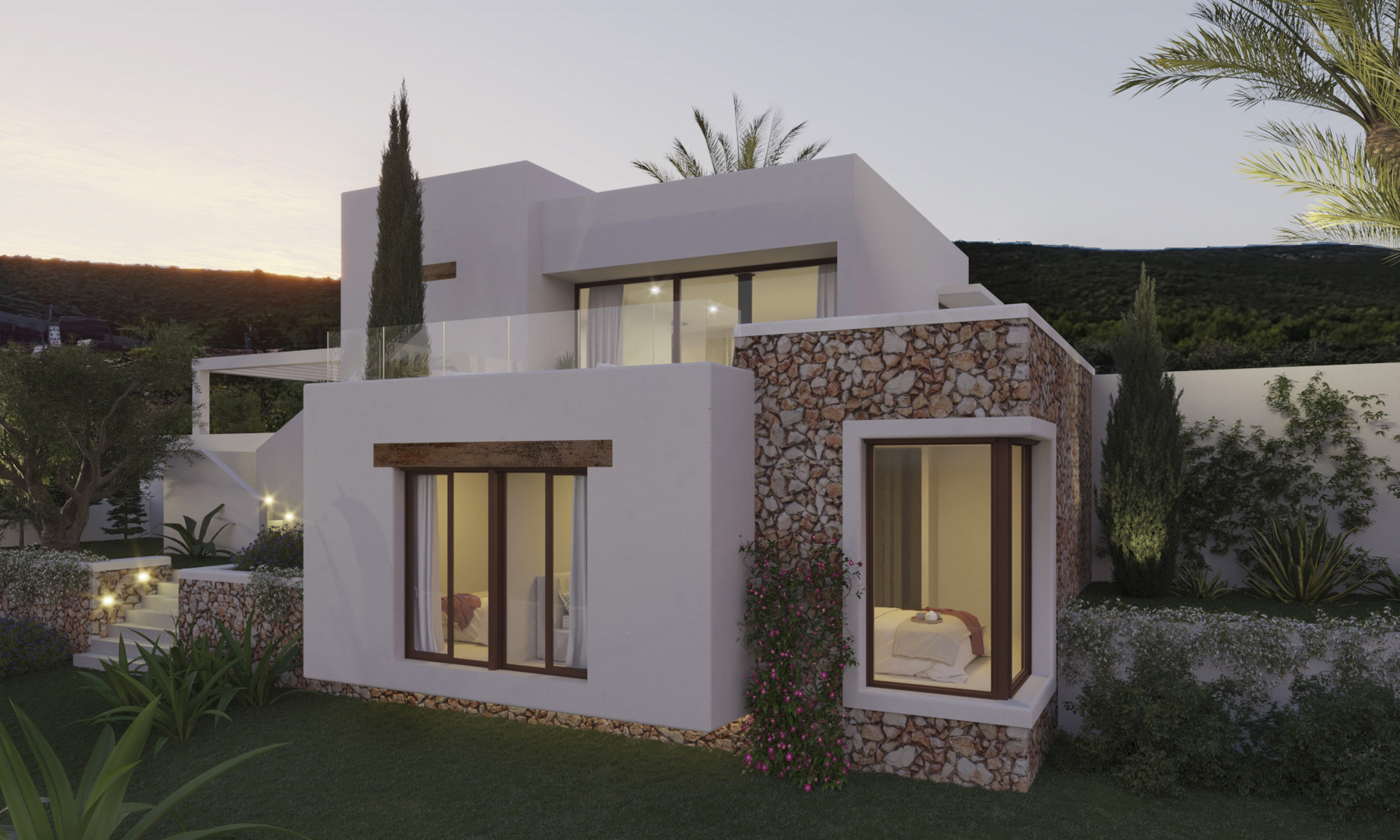 Extérieur de style ibizien mêlant murs en pierre naturelle et volumes blancs, avec de larges baies vitrées et un jardin méditerranéen paysagé au crépuscule.