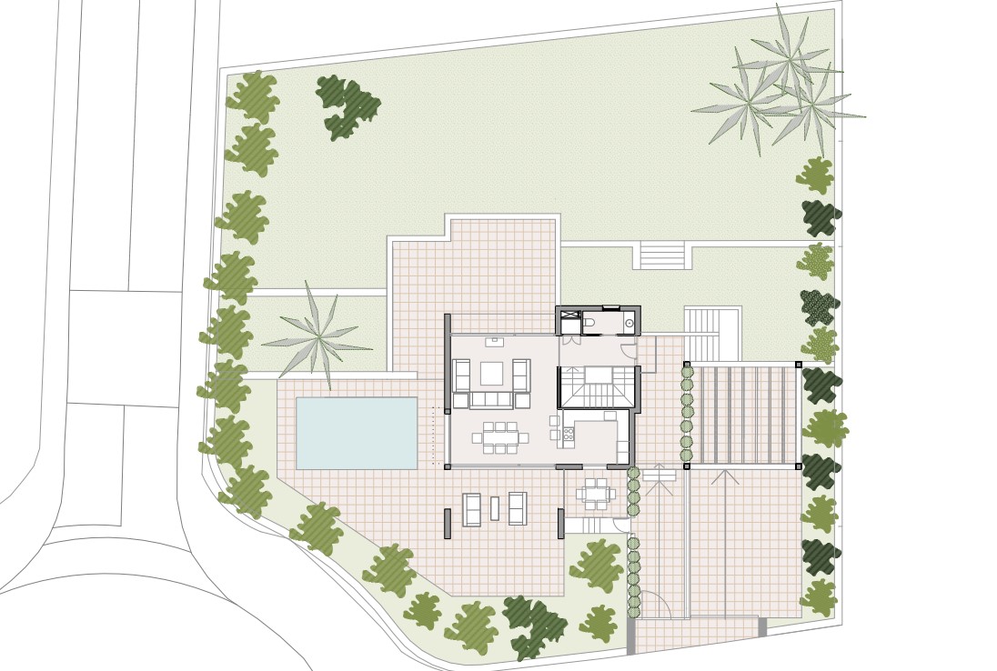 Plan de masse détaillé illustrant l'aménagement du rez-de-chaussée, la piscine privée, les vastes terrasses et l'aire de stationnement avec pergola.