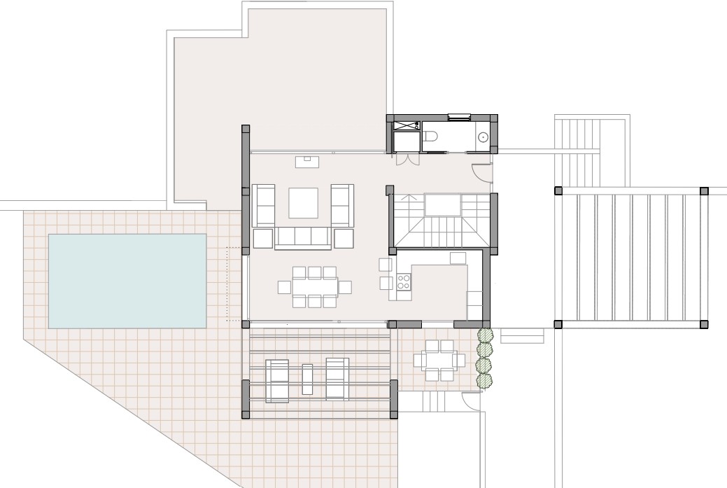 Plan technique du rez-de-chaussée montrant l'agencement ouvert du séjour, de la cuisine, ainsi que la terrasse avec piscine et l'espace pergola.