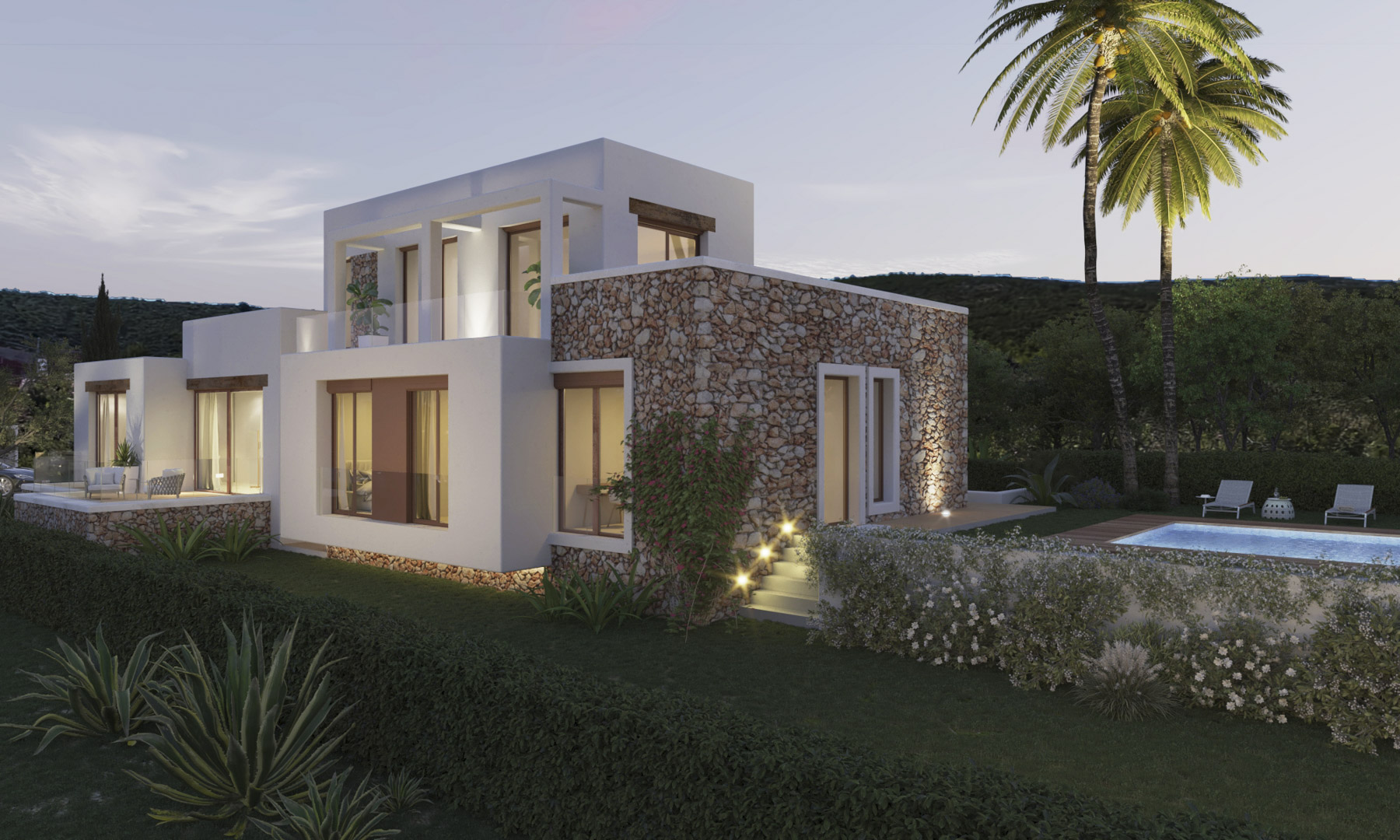 Façade de style Ibiza mêlant pierre naturelle et enduit blanc, avec de larges baies vitrées, des terrasses à garde-corps en verre et une piscine entourée d'un jardin soigné.