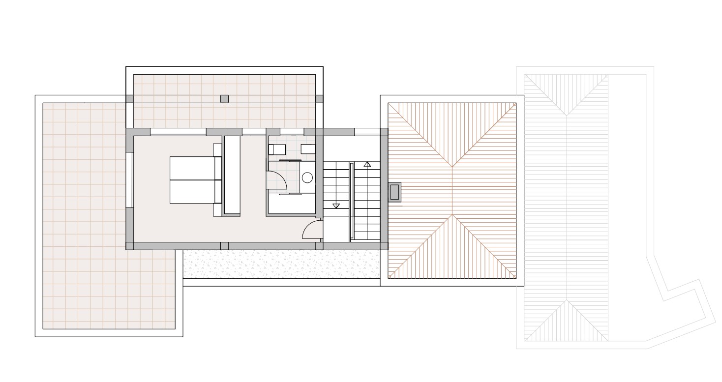 Plan d'architecte de l'étage supérieur comprenant la chambre principale avec salle de bain attenante, dressing et deux grandes terrasses privées.