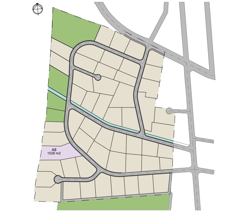 Plan de situation de la parcelle A8 d'une superficie de 1528 m2, située dans un lotissement résidentiel organisé avec accès routiers et espaces verts.